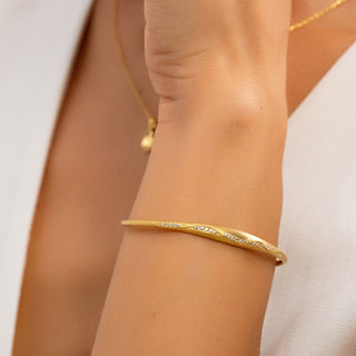Gold Cuff Bracelet with Wave Diamond Accents - Elegant Stacking Jewelry