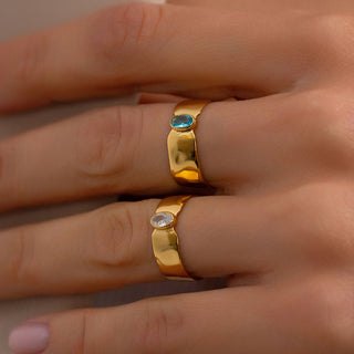 Wide Gold Band Aquamarine Ring  with Personalized Birthstone