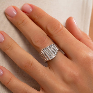 Geometric Silver Statement Ring with Diamond Accents