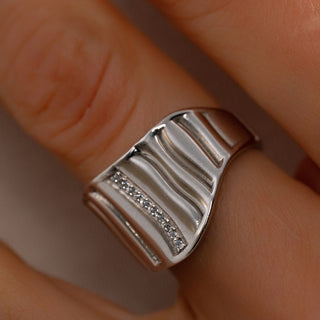 Geometric Silver Statement Ring with Diamond Accents