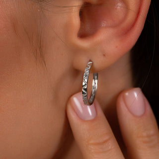 Silver Geometric Pyramid Hoop Earrings - Textured Hoops