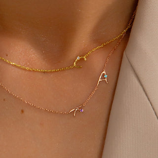 Personalized Sideways Initial Necklace with Birthstones