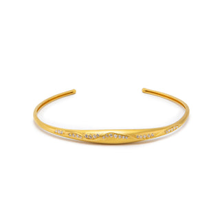 Gold Cuff Bracelet with Wave Diamond Accents - Elegant Stacking Jewelry