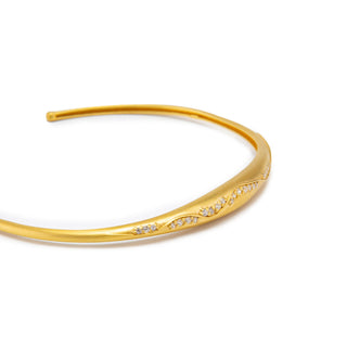 Gold Cuff Bracelet with Wave Diamond Accents - Elegant Stacking Jewelry